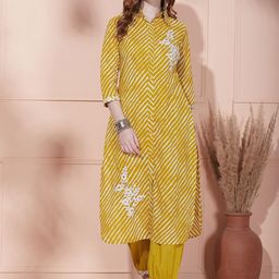 FASHOR Leheriya Printed Regular Mirror Work Kurta With Trousers-picture-17