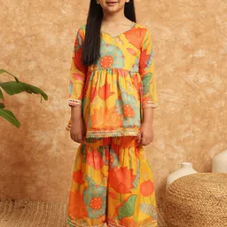 Readiprint Fashions Girls Floral Printed Gotta Patti A-Line Pure Cotton Kurti with Sharara-picture-19