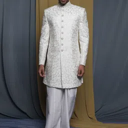 Krishna Mehta Embroidered Mandarin Collar Sherwani Set-image-96