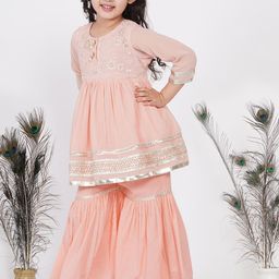 Little Bansi Girls Peach-Coloured Floral Embroidered Empire Pure Cotton Kurta set-image-19