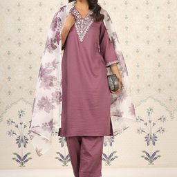 Ode by House of Pataudi Women Ethnic Motifs Yoke Design Regular Thread Work Kurta with Trousers & With-11