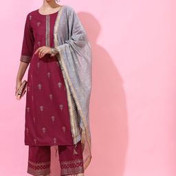Vishudh Women Pink Striped Regular Kurti with Trousers & With Dupatta-picture-21