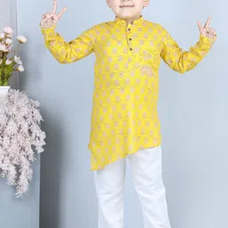 Sangria Boys Yellow Floral Printed Pure Cotton Straight Kurta With Pyjama-picture-24