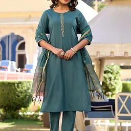 Vishudh Turquoise Blue Floral Yoke Design Straight Kurta & Trousers With Dupatta-picture-55