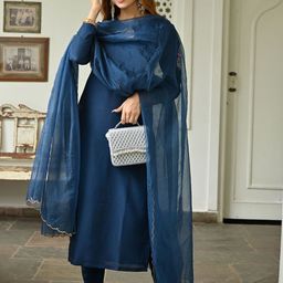 Lavanya The Label Women Navy Blue Kurta with Trousers & With Dupatta-picture-14