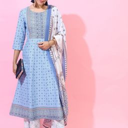 Vishudh Women Blue Floral Printed Regular Pure Cotton Kurta with Palazzo & Dupatta-3