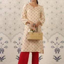 Ode by House of Pataudi Cream-Coloured & Red Printed Notched Neck Kurta With Palazzos-36