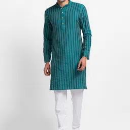 SARVAMOHAN Men Green Striped Kurta With Trousers-image-32