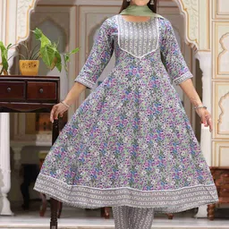 SINGNI Ethnic Motifs Embroidered Mirror Work Anarkali Kurta & Trousers With Dupatta-picture-7