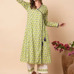 FASHOR Ethnic Motifs Printed Angrakha Pure Cotton Kurta with Trouser-17