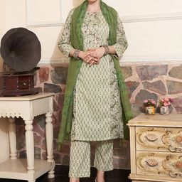 Sangria Floral Printed Gotta Patti Pure Cotton Straight Kurta With Trousers & With Dupatta-image-58