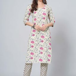 JAHIDA COMFORT WITH STYLE Floral Printed Regular Pure Cotton Kurta with Trousers-image-90