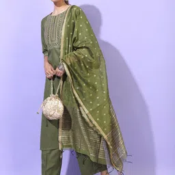 Vishudh Women Olive Green Embroidered Empire Kurti with Trouser & Dupatta-picture-12
