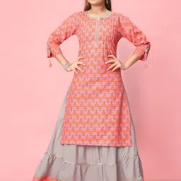 BAESD Girls Ethnic Motifs Printed Round Neck Pure Cotton Kurta With Skirt-image-92