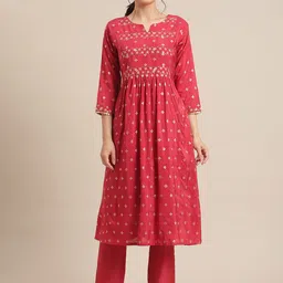 Varanga Women Red & Gold-Toned Floral Embroidered Mirror Work Pleated Kurta With Trousers-picture-8