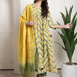 Rajnandini Chevron Printed Empire Zardozi Pure Cotton Kurta With Trousers & Dupatta-image-28
