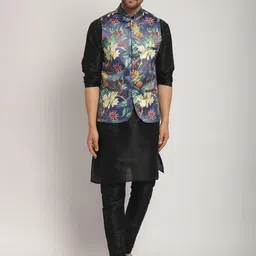 Kaifoo Mandarin Collar Kurta with Churidar & Nehru Jacket-34