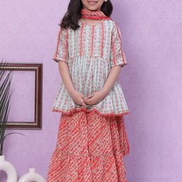 Biba Girls Ethnic Motifs Printed Regular Gotta Patti Kurta with Sharara & Dupatta-picture-13