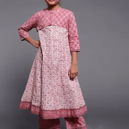 Aks Kids Girls Floral Printed Regular Pure Cotton Anakali Kurta & Palazzos With Koti-image-39