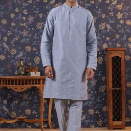 House of Pataudi Blue Mandarin Collar Embroidered Straight Kurta With Trousers-image-7