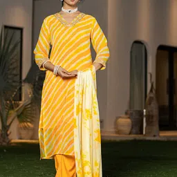 Yufta Women Leheriya Embroidered Regular Thread Work Kurta with Trousers & With Dupatta-image-86