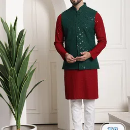SOJANYA Floral Embroidered Regular Sequinned Kurta With Pyjamas & Nehru Jacket-picture-37