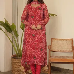 OneWe Bandhani Printed Regular Silk Chiffon Kurta with Churidar & Dupatta-picture-4