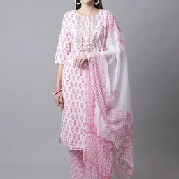 Rajnandini Women White Embroidered Pure Cotton Kurta with Trouser & With Dupatta Set-picture-27