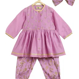 Tiber Taber Girls Purple Floral Embroidered Chanderi Silk Kurta with Salwar-image-54