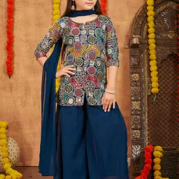 BAESD Girls Ethnic Motifs Embroidered Georgette Thread Work Kurti With Palazzos & Dupatta-image-21
