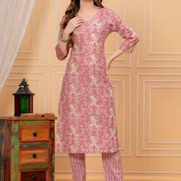 JVSP FASHION Women Floral Printed Regular Pure Cotton Kurta with Trousers-picture-11