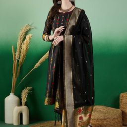SERONA FABRICS Floral Woven Design Regular Chanderi Cotton Kurta with Trousers & Dupatta-6