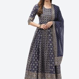 Biba Women Navy Blue Ethnic Motifs foil Printed Kurta with Trousers & With Dupatta-picture-15
