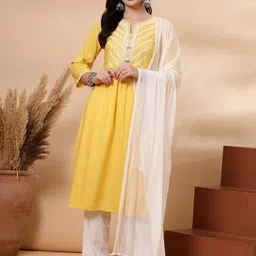 Nayam By Lakshita Geometric Yoke Design SequinnedA-Line Kurta with Palazzos & Dupatta-18