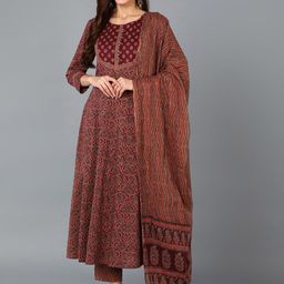 AHIKA Ethnic Motifs Printed Round Neck Empire Flared Kurta with Trousers & Dupatta-39