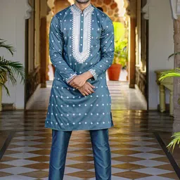 Be Desi Men Ethnic Motifs Embroidered Regular Thread Work Kurta with Pyjamas-37
