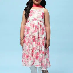 Biba Girls Floral Printed Tiered Thread Work Pure Cotton Kurta With Trouser & Dupatta-image-9