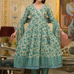 Varanga Ethnic Motifs Printed Mirror Work Pure Cotton Kurta with Trousers & Dupatta-0