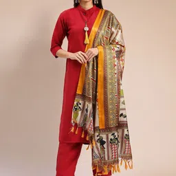 MORLY Boat Neck Cotton Silk Straight Kurta with Trousers & Dupatta-image-21