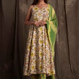 mokshi Yellow & Green Floral Printed Pure Cotton Anarkali Kurta With Palazzos & Dupatta-picture-10