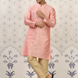 Ode by House of Pataudi Peach-Coloured Mandarin Collar Straight Kurta with Pyjamas-picture-26