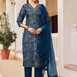 Twika Floral Printed V-Neck Straight Kurta With Trousers & Dupatta-57
