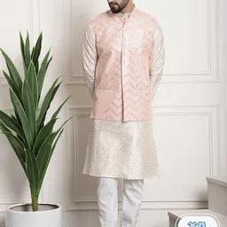 SOJANYA Ethnic Motifs Woven Design Regular Sequinned Kurta & Churidar With Nehru Jacket-picture-5