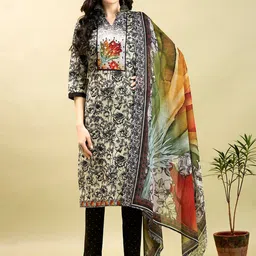 Anouk Floral Printed Thread Work Pure Cotton Kurta With Trousers & Dupatta-23