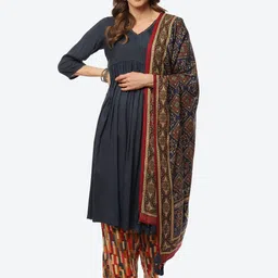 Biba Women Navy Blue Pleated Thread Work Kurta with Trousers & With Dupatta-19