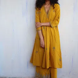 Chidiyaa Women Mustard Yellow Embroidered Pleated Pure Cotton Kurti with Trousers-53