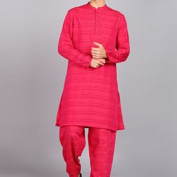 HERE&NOW Pink Striped Mandarin Collar Pure Silk Straight Kurta With Trousers-image-54