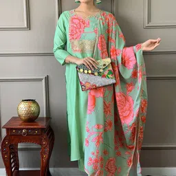 KALINI Floral Embroidered Regular Thread Work Chanderi Cotton Kurta ,Trousers & Dupatta-image-61