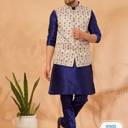Armaan Ethnic Men Beige Printed Regular Dupion Silk Kurta with Churidar-image-14