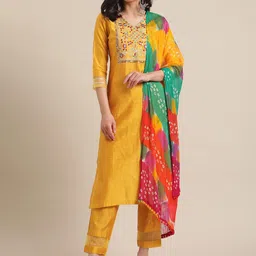 Varanga Women Mustard Yellow Floral Embroidered Empire Thread Work Kurta with Trousers & With Dupatta-43